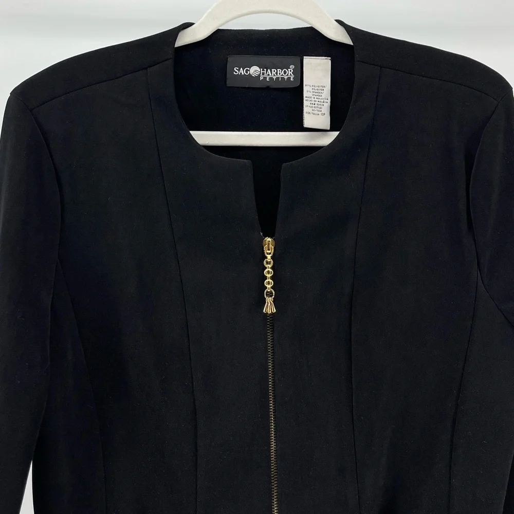 Vintage 90s Sag Harbor Black Zip Front Blazer with Gold Accents, Women's 10P